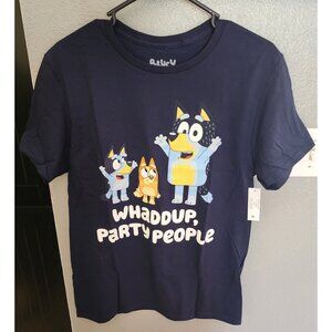 Disney Bluey "Whaddup Party People" Navy  Mens T-Shirt‎ Size Large Cotton NWT